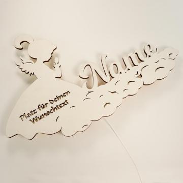 Personalisiertes Baby Schutzengel LED Nachtlicht – Holz-Lampe Mit Namen, Ca. 55 X 35 Cm
