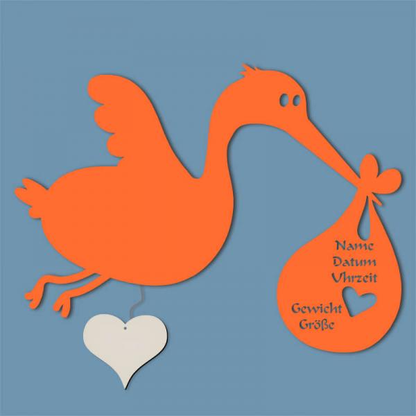 Geschenkidee zur Geburt Storch Beutel Nachtlicht Orange
