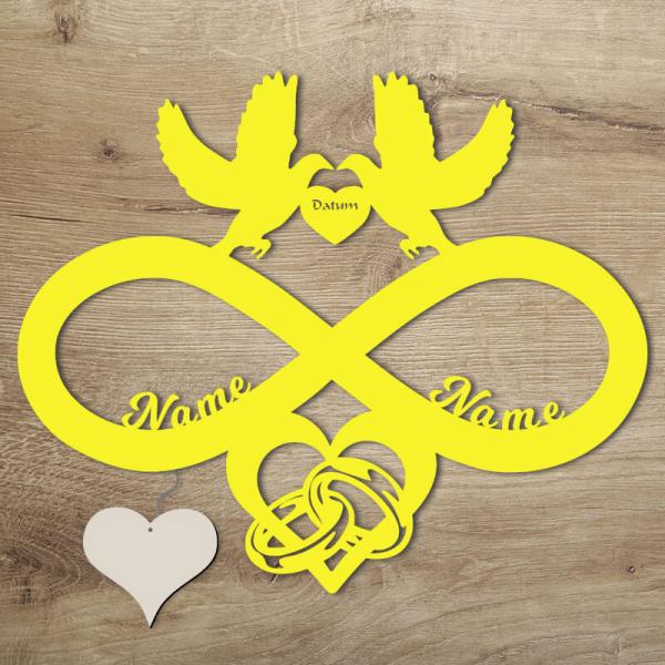Geschenke zur Hochzeit Tauben Unendlichkeitszeichen Gelb