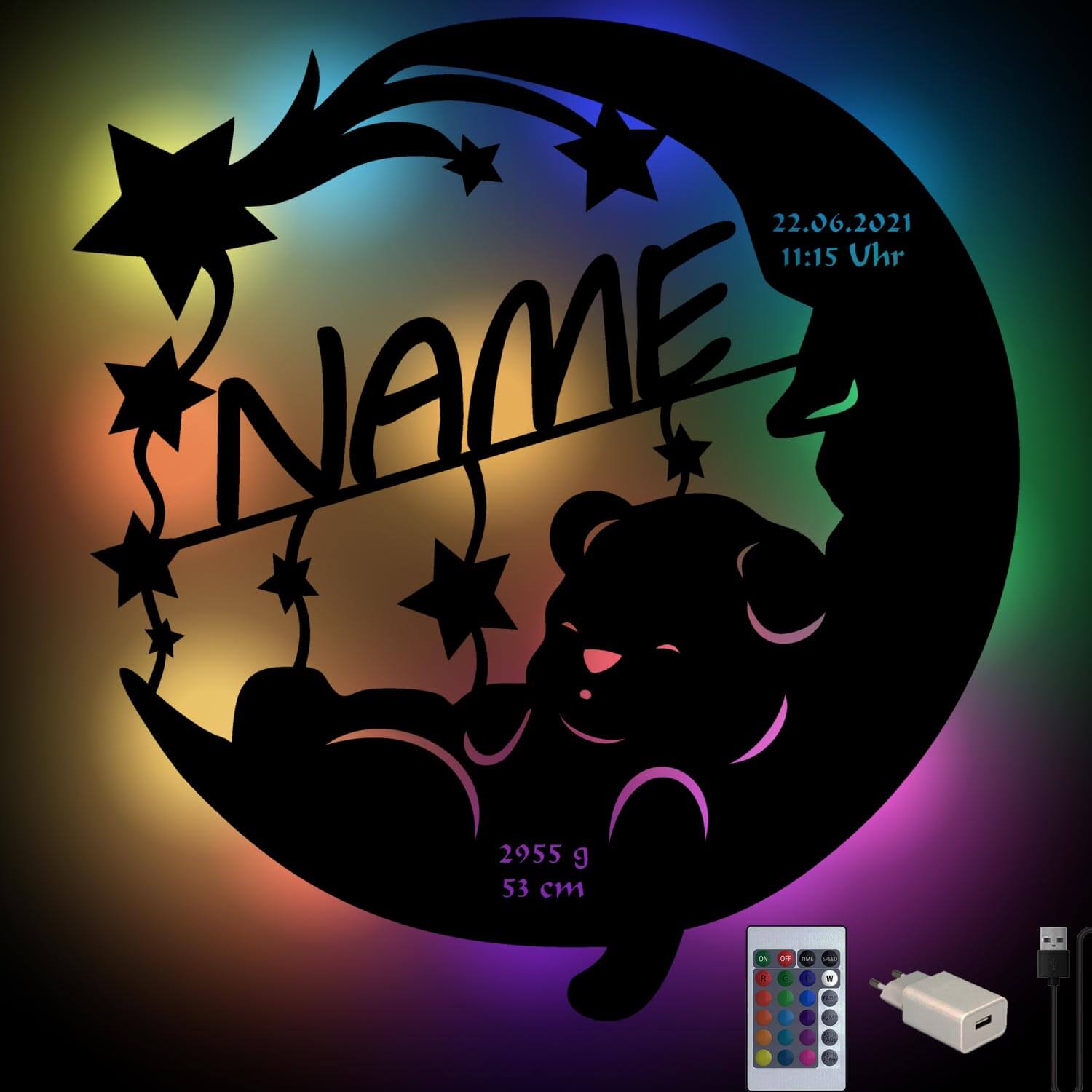Mit 16 USB LED Farben LEON-FOLIEN® RGB Farbwechsel BATMAN Schlummerlicht Nachtlicht personalisiert mit deinem Name Geschenk für Kind 