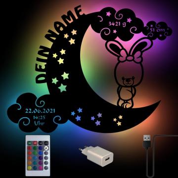 Farbwechsel USB Wand Lampe Hase auf Mond mit Namen personalisiert Farbwechsel USB Wand Lampe Hase auf Mond mit Namen personalisiert