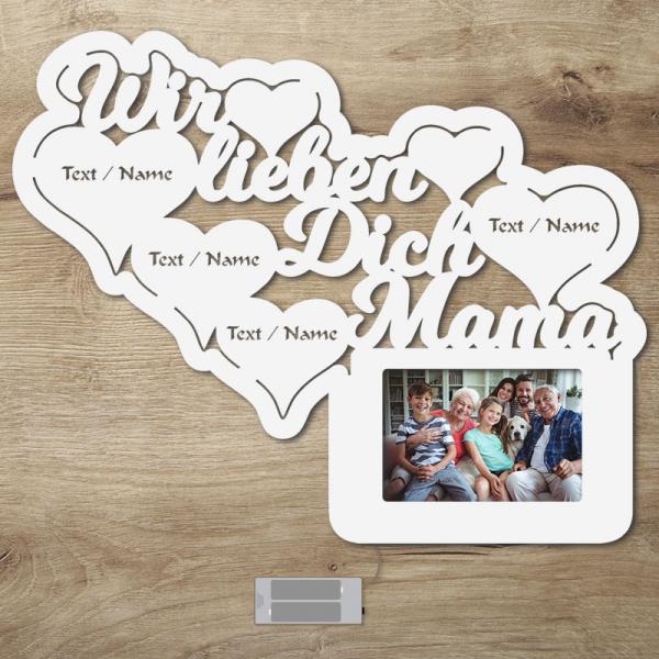 LED Wir lieben Dich Mama Bilderrahmen mit Personalisierung weiß